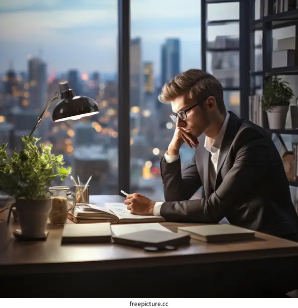 Young male professional working late in his office.
