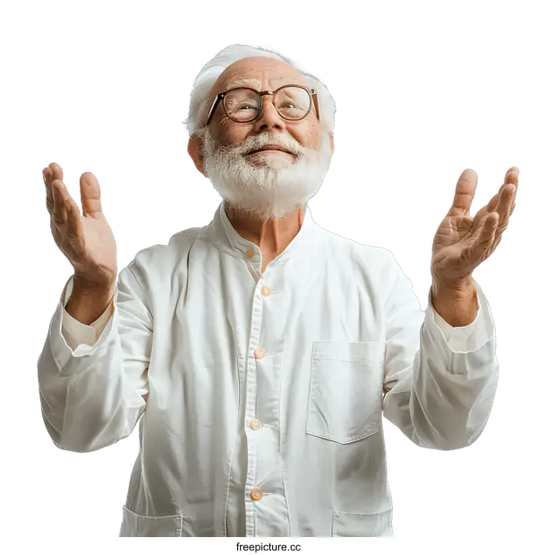 [Transparent Background PNG]An old man with a beard and glasses is looking up with his hands raised