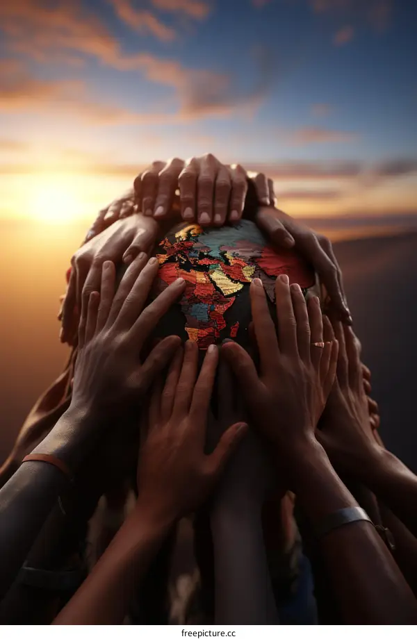 A group of diverse hands holding up a globe with a colorful map of the world