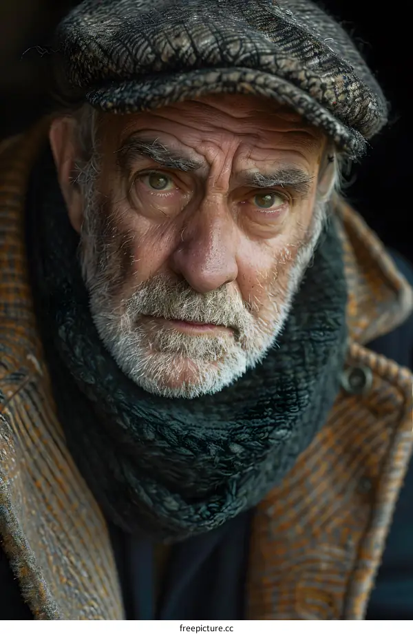 portrait of an old man with a hat and scarf