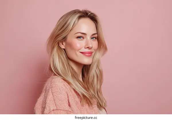 Blonde Woman Portrait Against Pink Background