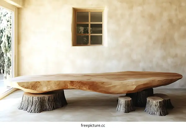 Unique Wooden Table with Natural Tree Stump Bases