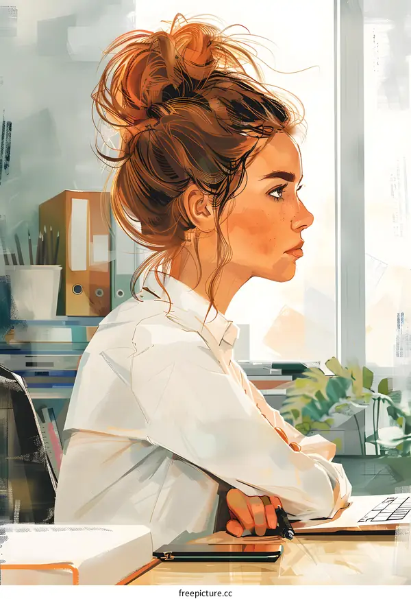 Woman with Messy Bun Sitting at Desk with Laptop