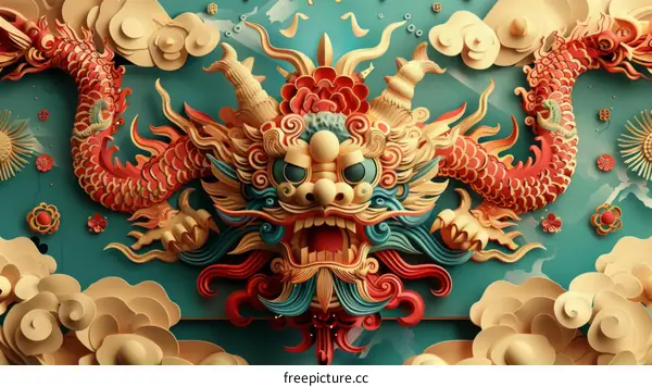 A 3D rendering of a traditional Chinese dragon with vibrant colors and intricate details