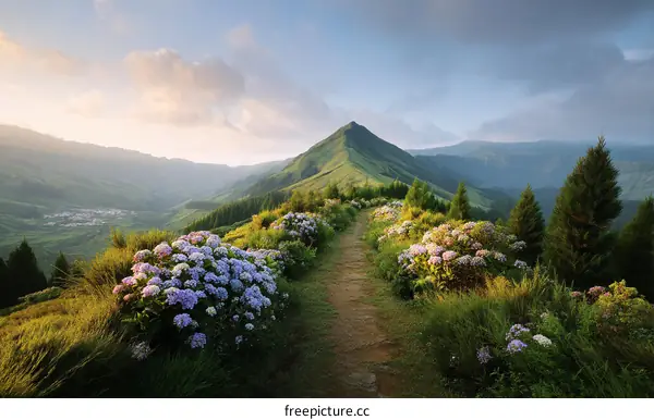 Scenic Mountain Path with Colorful Flowers