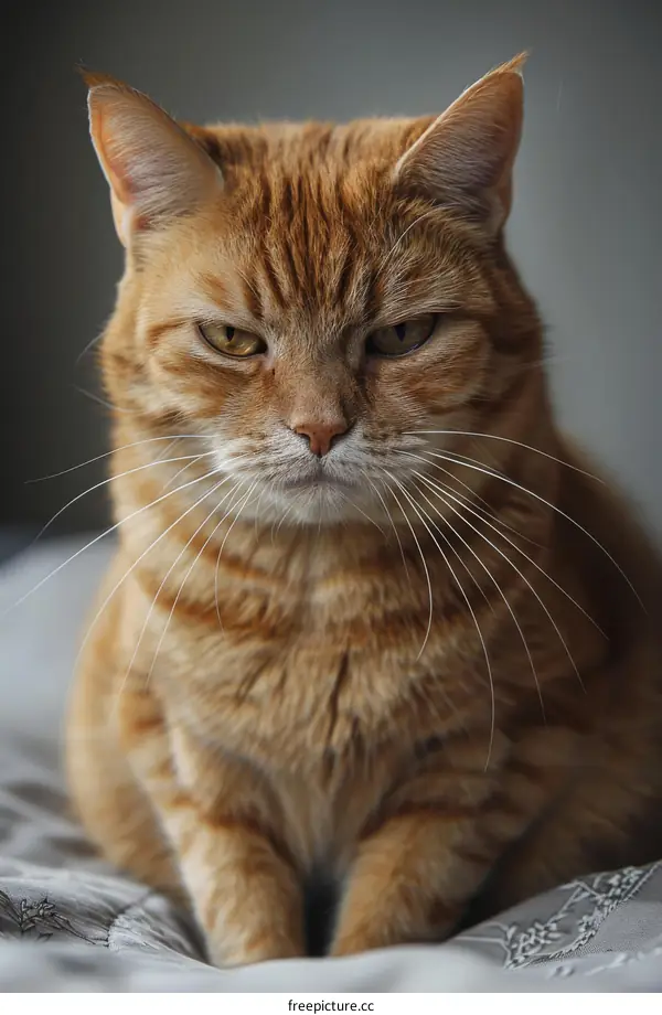 A ginger cat is sitting on a bed and looking at the camera.