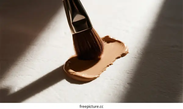 A close-up view of a makeup brush applying foundation on a surface