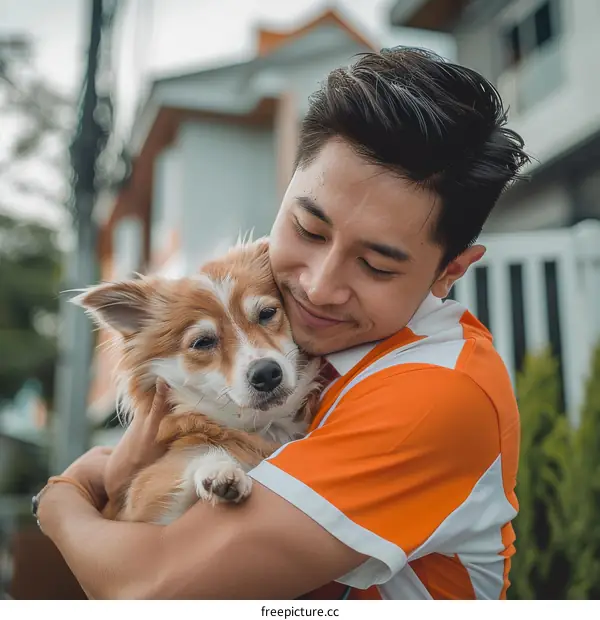 Asian man hugging a small dog outside his house