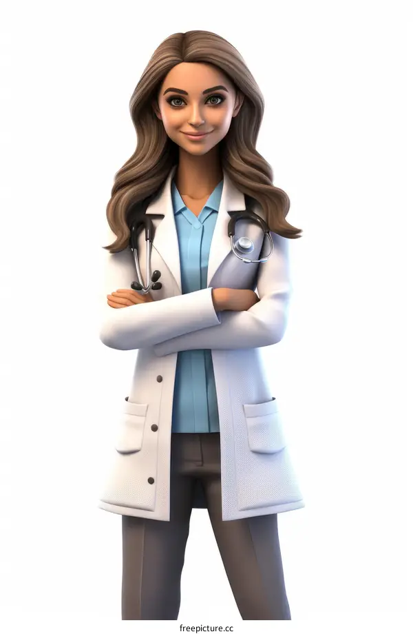 A female doctor with brown hair wearing a white coat and stethoscope