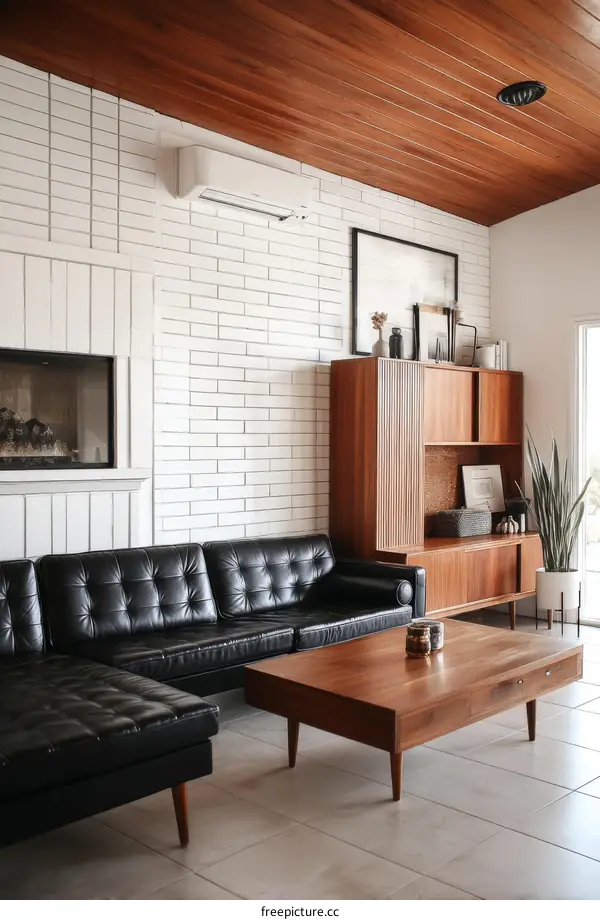 Modern Living Room with Black Leather Sectional Sofa