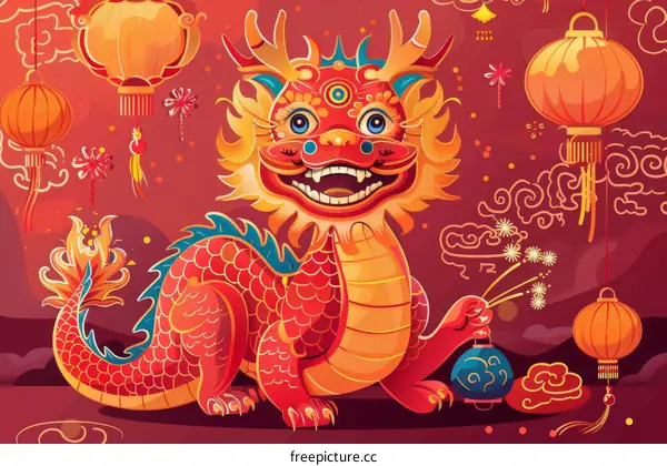 Chinese Dragon with Firecrackers and Lanterns for New Year
