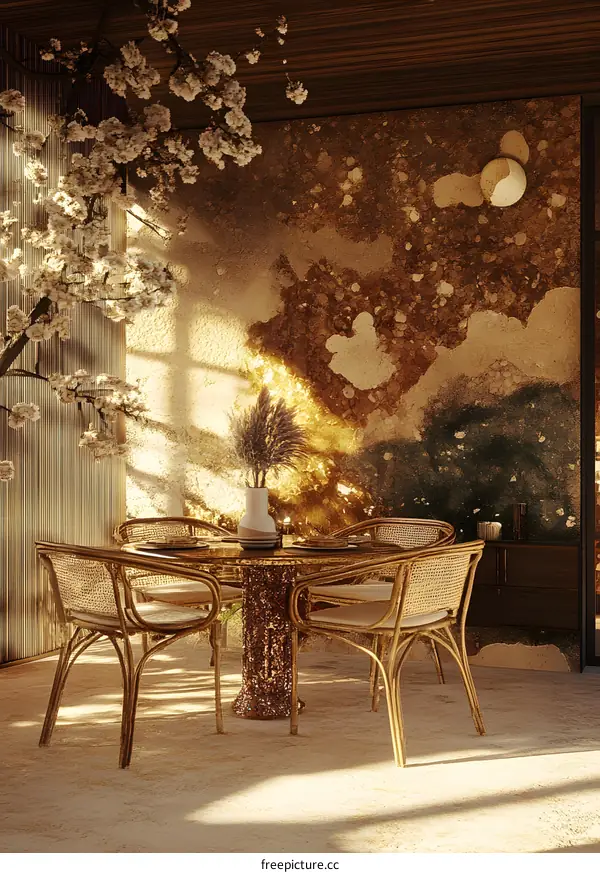 Golden Interior Design with Rattan Chairs and Table