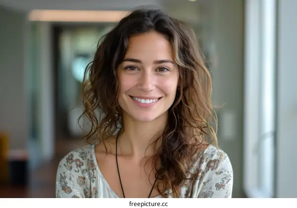 portrait of a smiling young woman with long brown hair