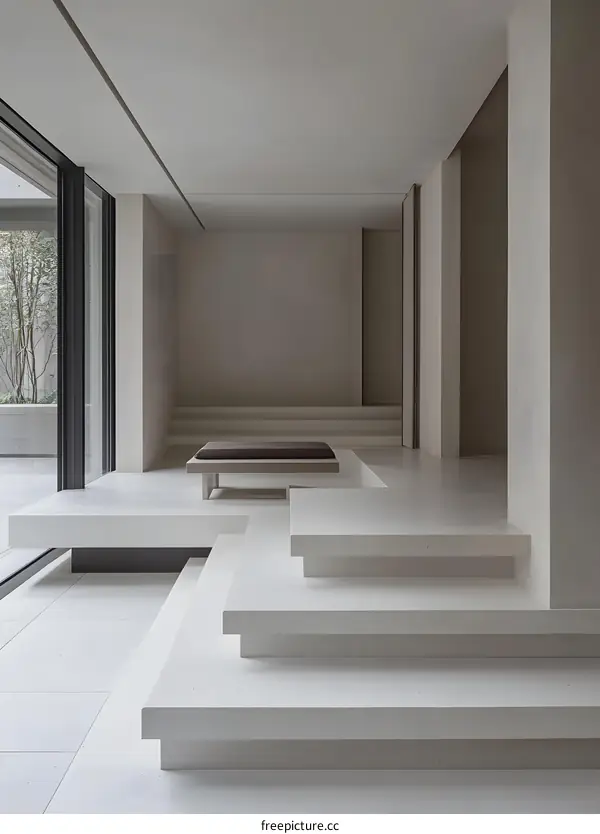 Modern Minimalist Interior Design With White Steps and Concrete Flooring
