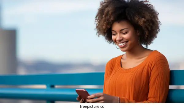 Smiling African American woman texting on her phone