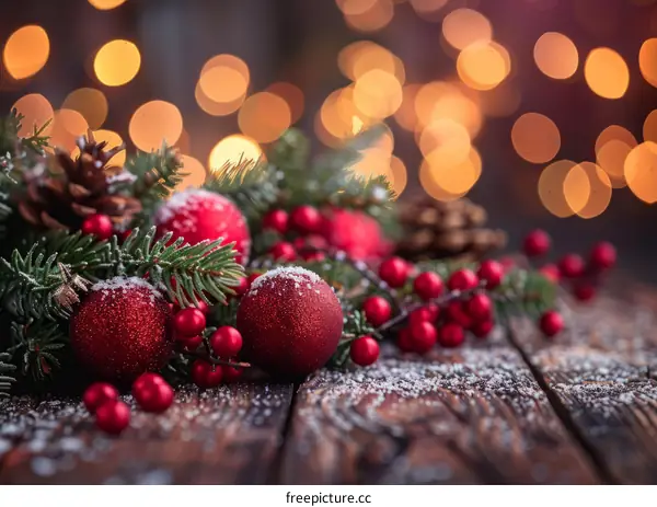 Christmas Table Decoration with Red Ornaments and Pine Cones