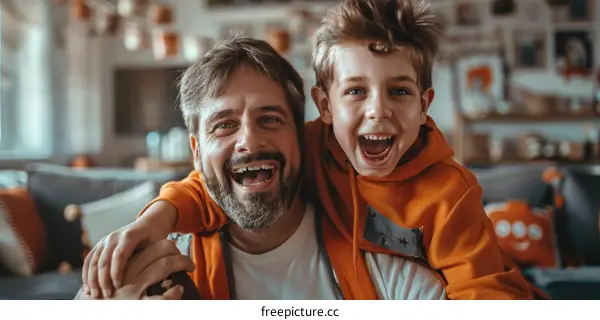 Father and son watching football on TV