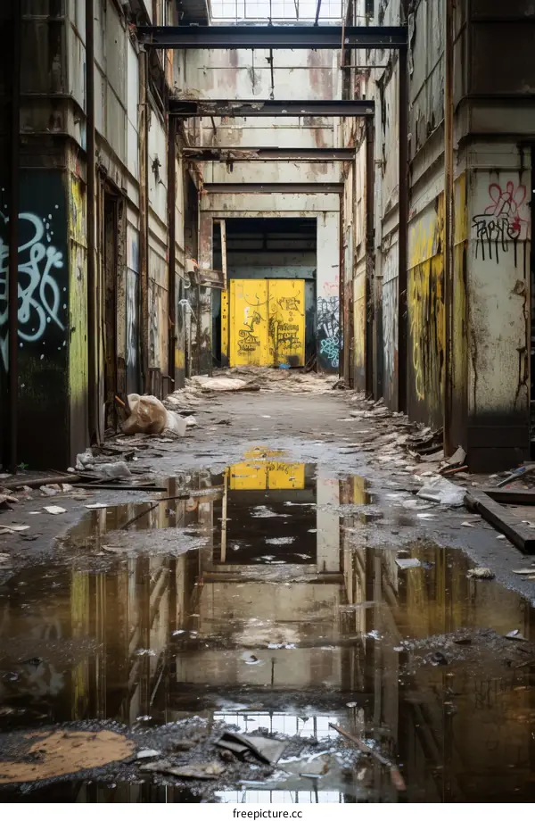 Flooded hallway of an abandoned factory