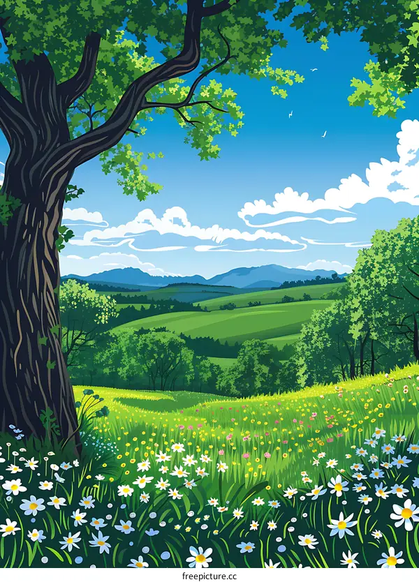 Green Meadow Landscape With Blue Sky and White Clouds