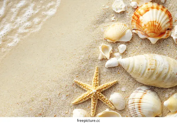 Sea Shells on Sandy Beach with Wave