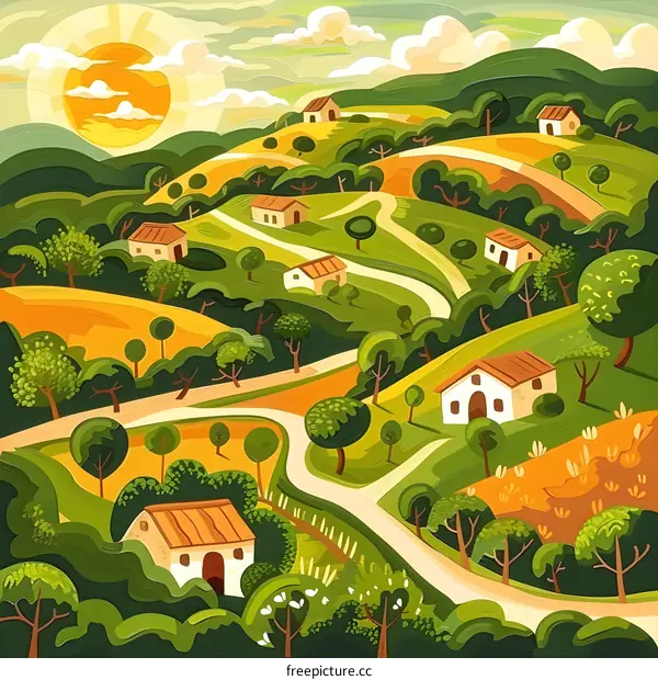 Sunrise Over a Winding Road in a Rural Village Illustration