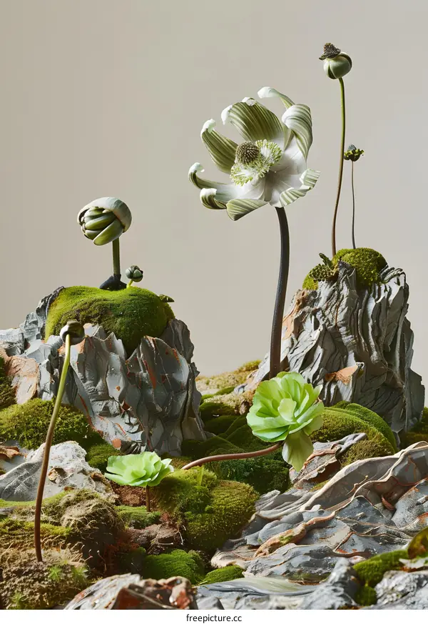 Green Flower Growing On Mossy Stone