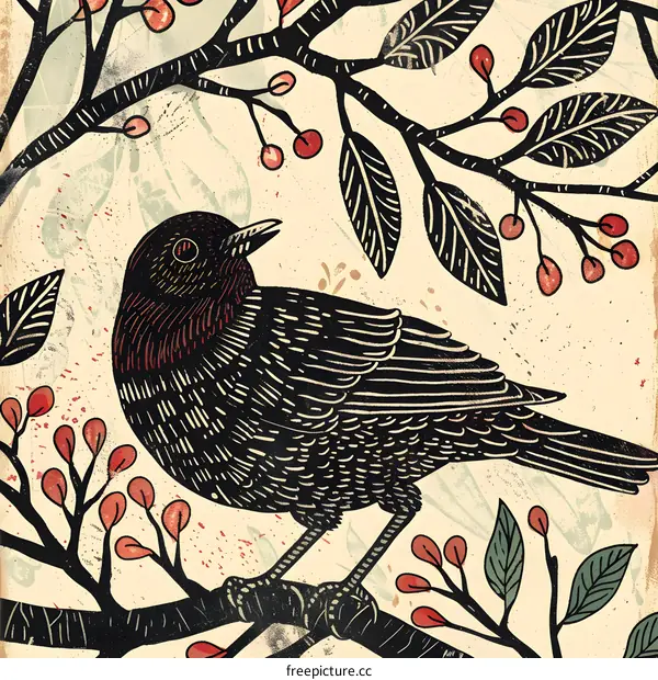 Black Bird Illustration with a Vintage Style