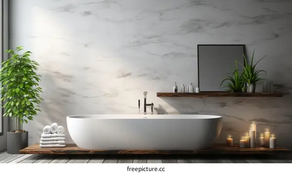 Bathroom Interior in 3D with Bathtub, Plants, and Candles