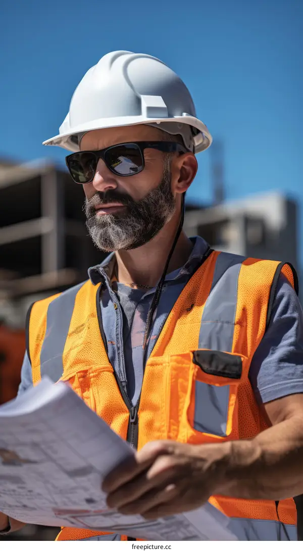 Construction worker in hard hat and safety vest looking at blueprints