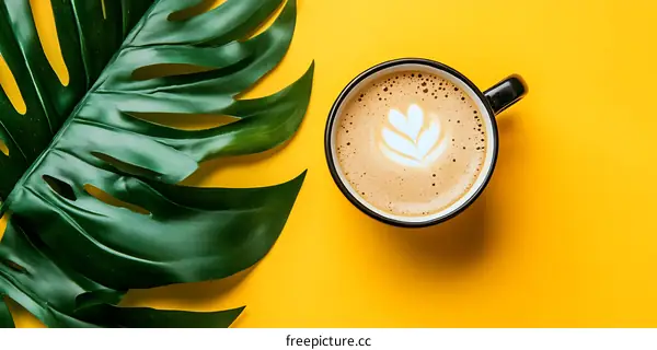 Top View of a Cup of Latte Art Coffee and Tropical Leaves on Yellow Background