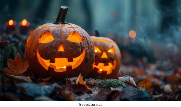 Carved Pumpkins in an Eerie Forest