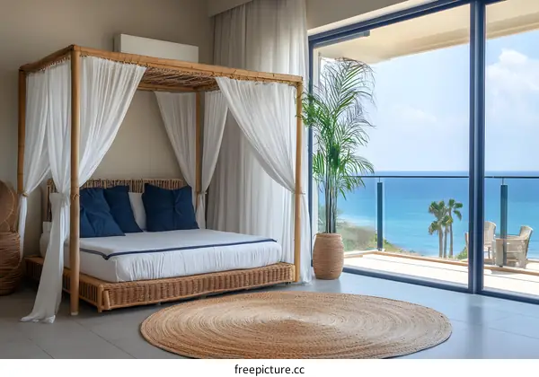 Modern Bedroom Interior with Canopy Bed and Ocean View
