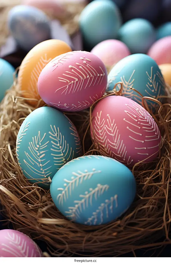 Pink and blue Easter eggs in a basket