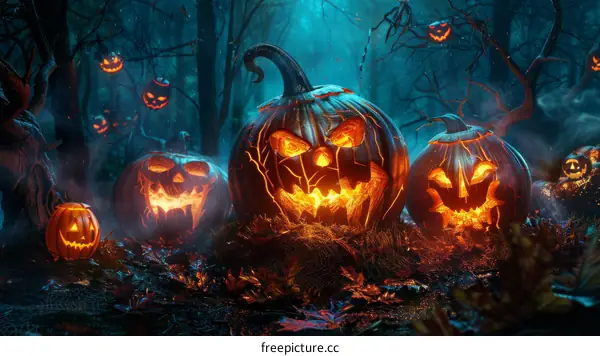 Glowing pumpkins with trees and leaves in forest at night