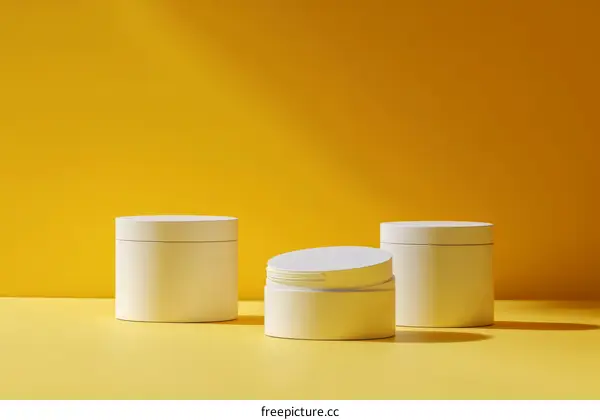 White Cosmetic Jars on Yellow Background