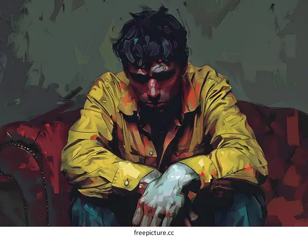 A man with a yellow jacket is sitting on a red sofa with his hands folded.