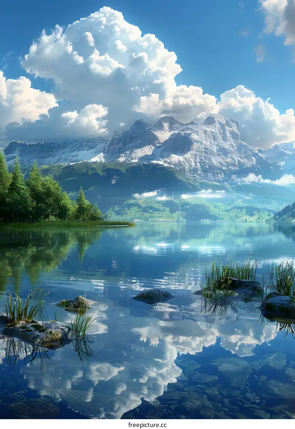 The crystal clear lake reflects the mountains and blue sky
