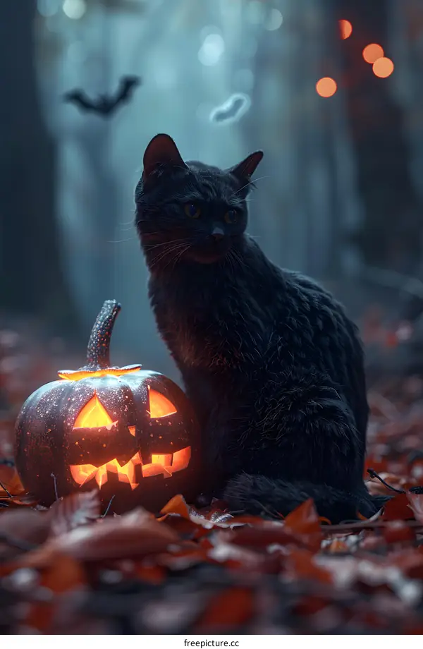 A black cat sitting next to a jack-o-lantern in a forest