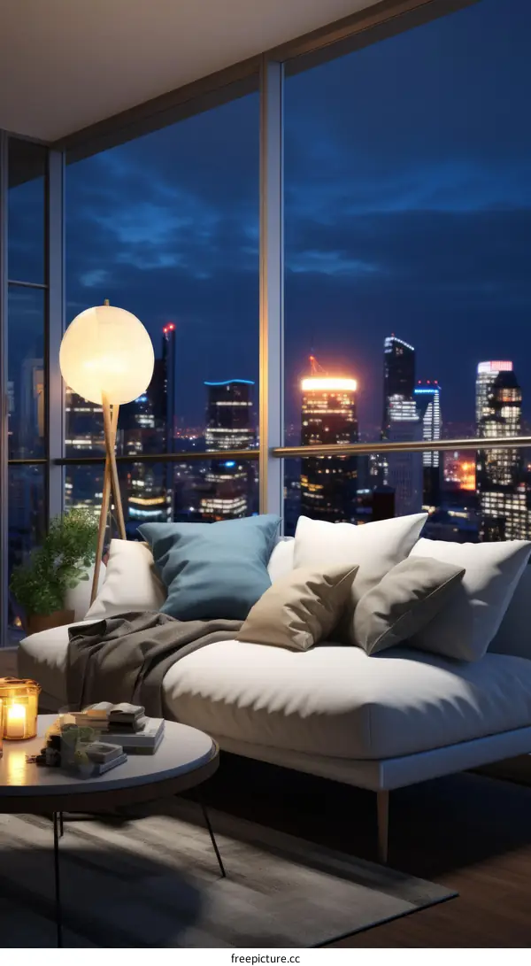 A cozy living room with a view of the night city