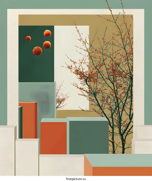 Abstract Minimalist Geometric Shapes And Branch With Red Fruits