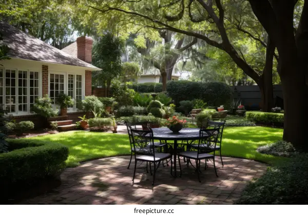 A beautiful garden with a table and chairs