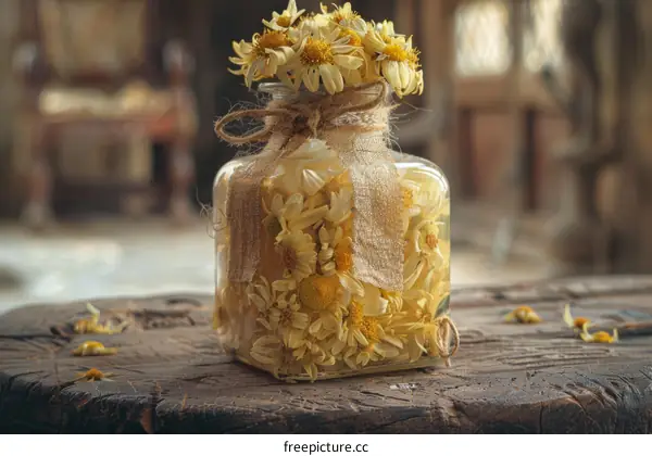 Yellow Daisy Bouquet in Glass Jar on Rustic Table
