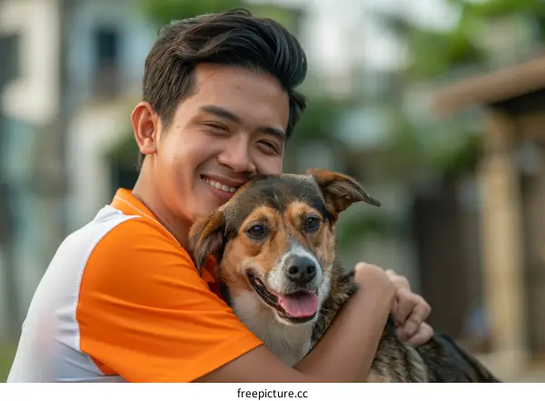 Young man hugging a dog