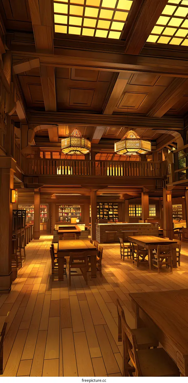 Interior Design of a Wooden Room with Two Lanterns