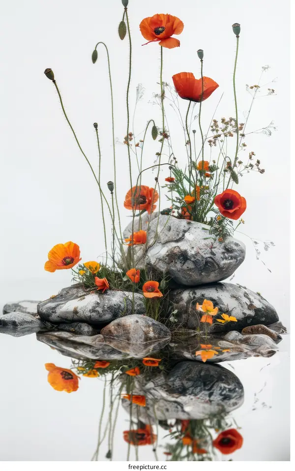 Still life with poppies and stones