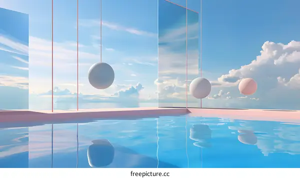 Minimalist Abstract Pool and Sky Design with Hanging Spheres