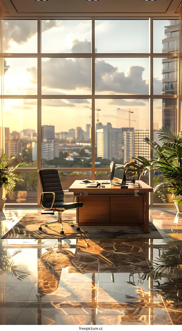 Office interior with large windows and a view of the city
