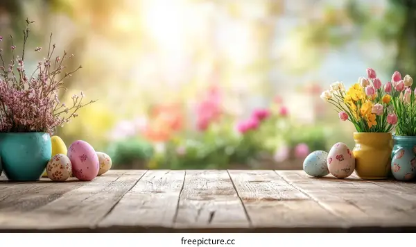 Easter Festive Table Setting with Flowers and Eggs