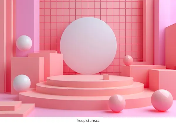 Pink geometric shapes composition with podium and spheres