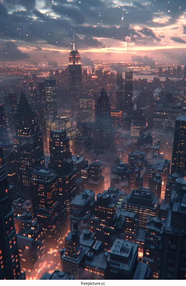 Cityscape at Nightfall with Lights and Snow